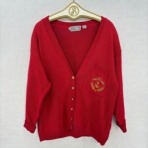 Vintage Tarazzia Red Crest Cardigan Sweater L Gold Buttons Preppy Holiday Knit